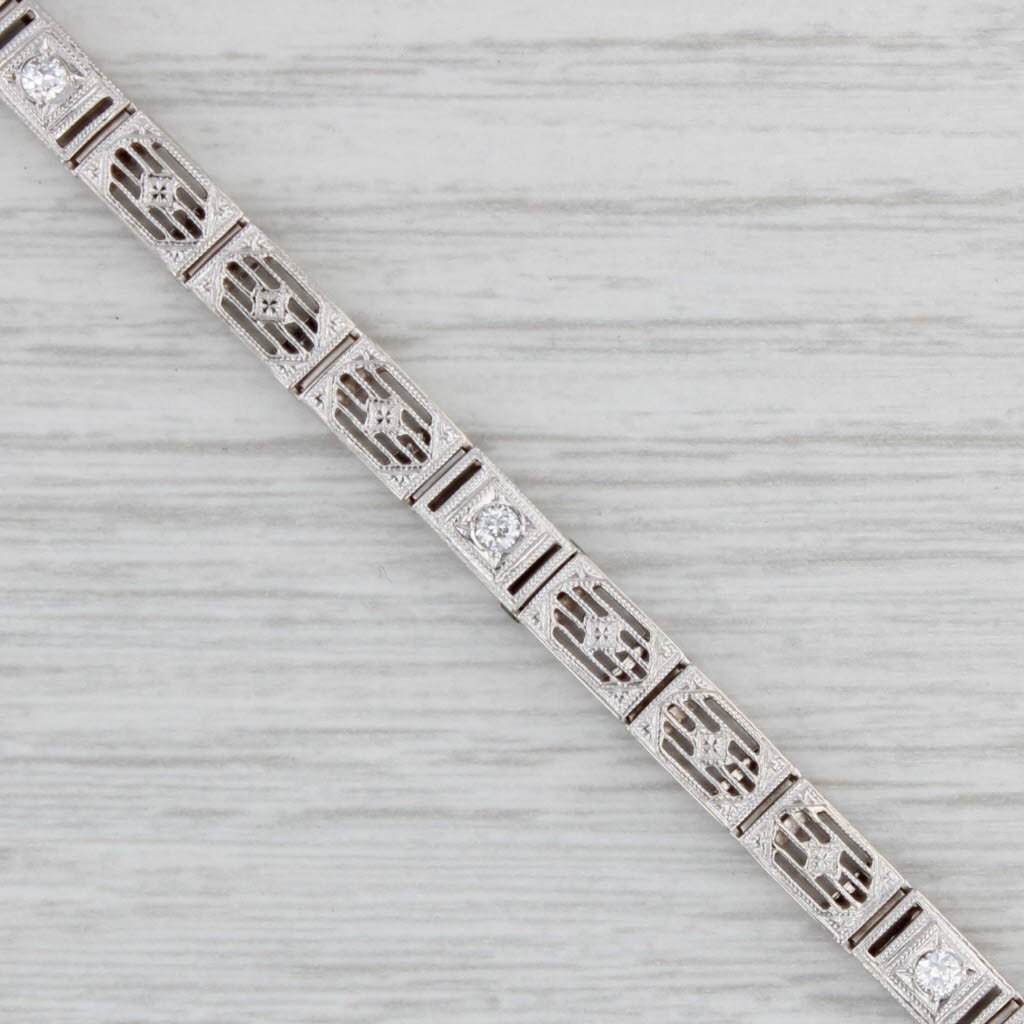 Art Deco 0.13ctw Diamond Filigree Bracelet 14k White Gold 6" 4.6mm
