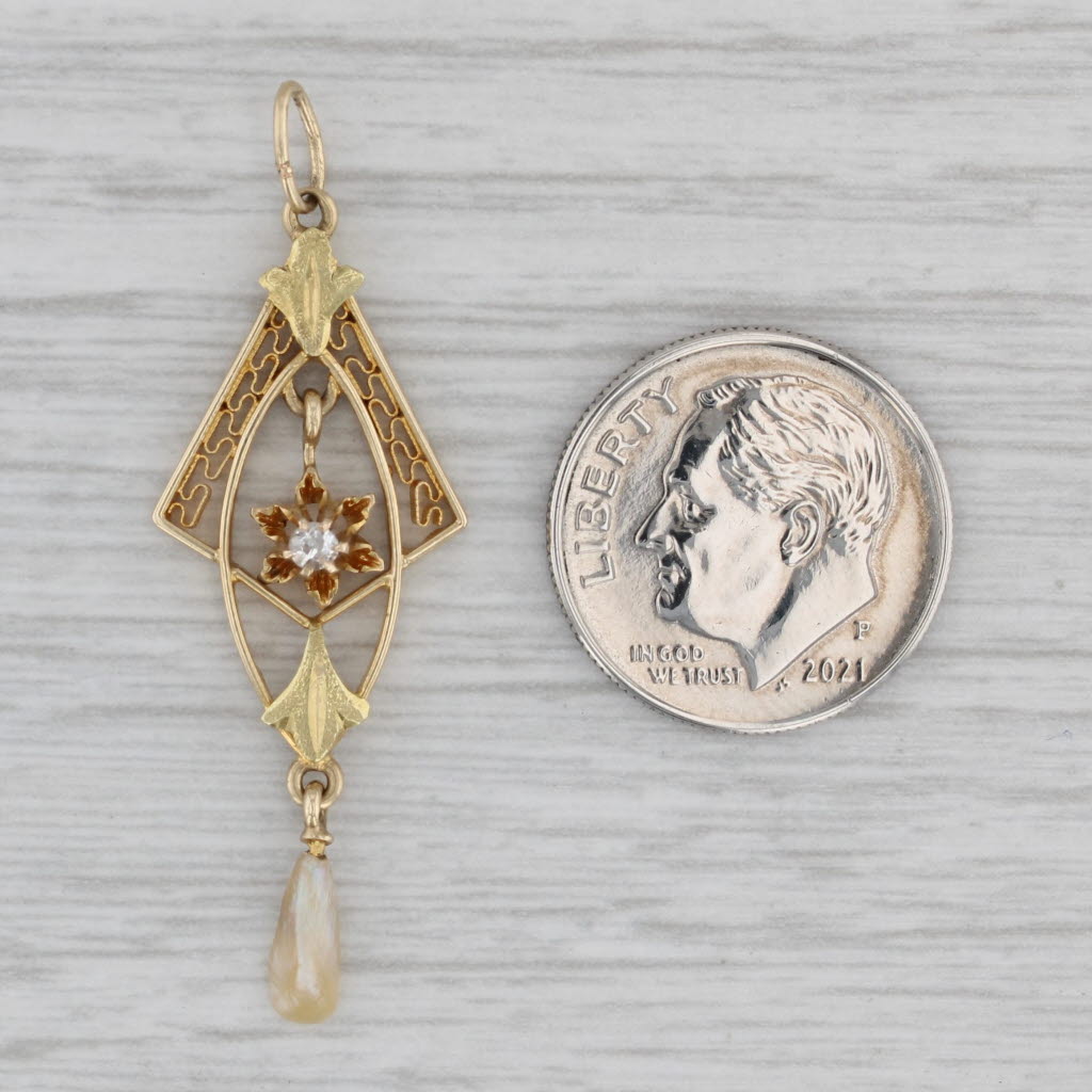 Gray Antique Lavalier Pendant Pearl Diamond 14k Yellow Gold Filgiree
