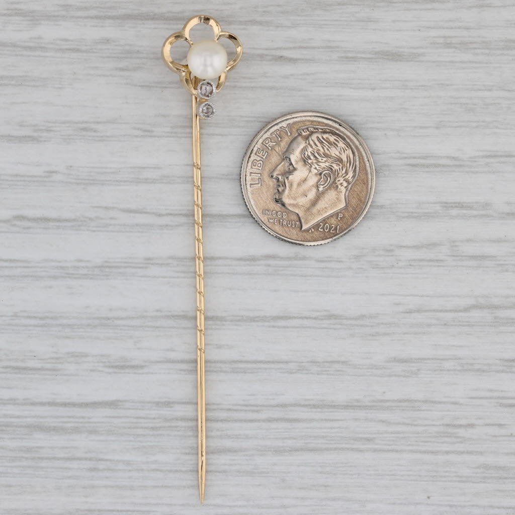 Gray Antique Cultured Pearl Diamond Stickpin 18k Pin 14k Top Yellow Gold