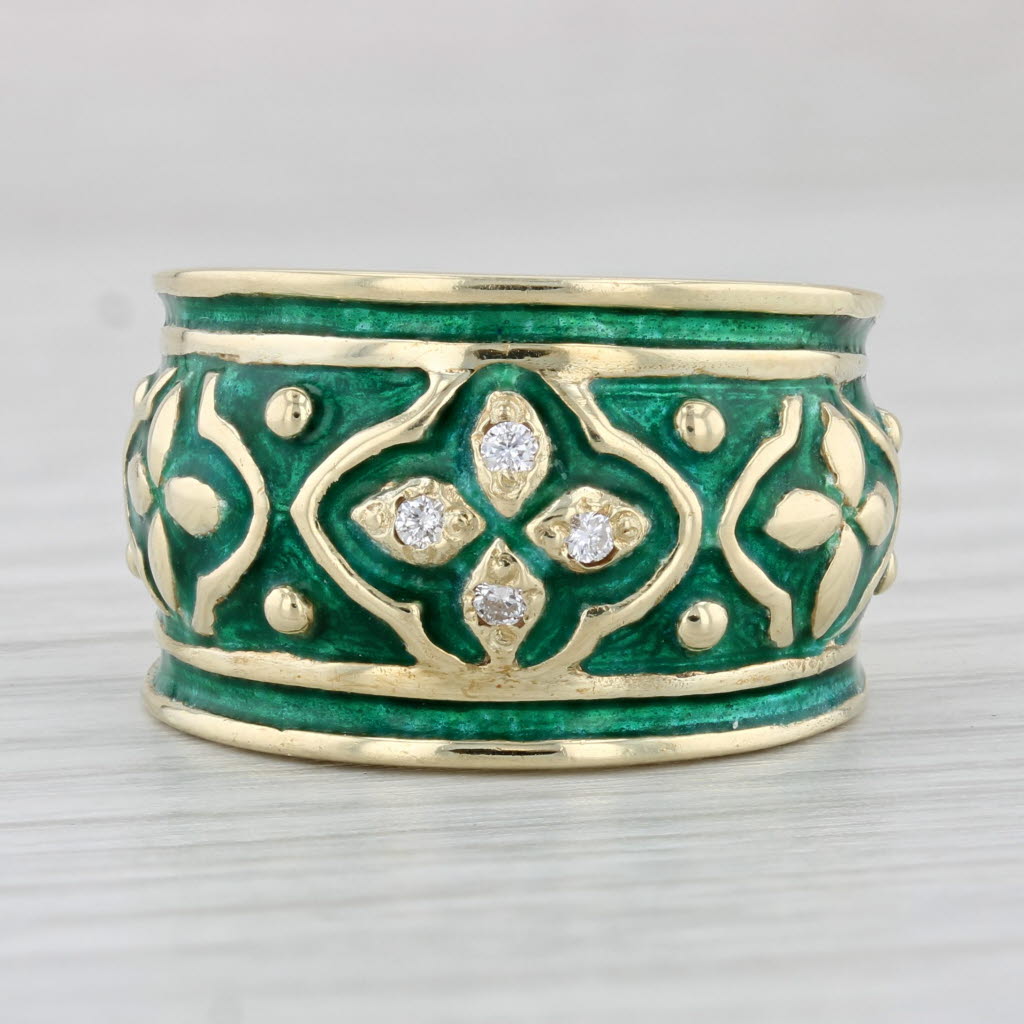 Light Gray Diamond Green Enamel Flower Ring 14k Yellow Gold Size 6.5 Floral Statement Band