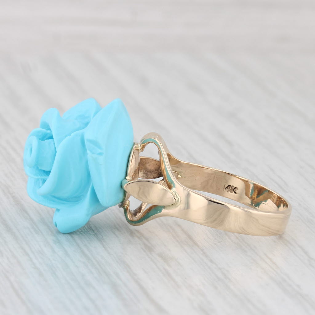 Light Gray Imitation Carved Turquoise Flower Ring 14k Yellow Gold Size 7.5 Statement
