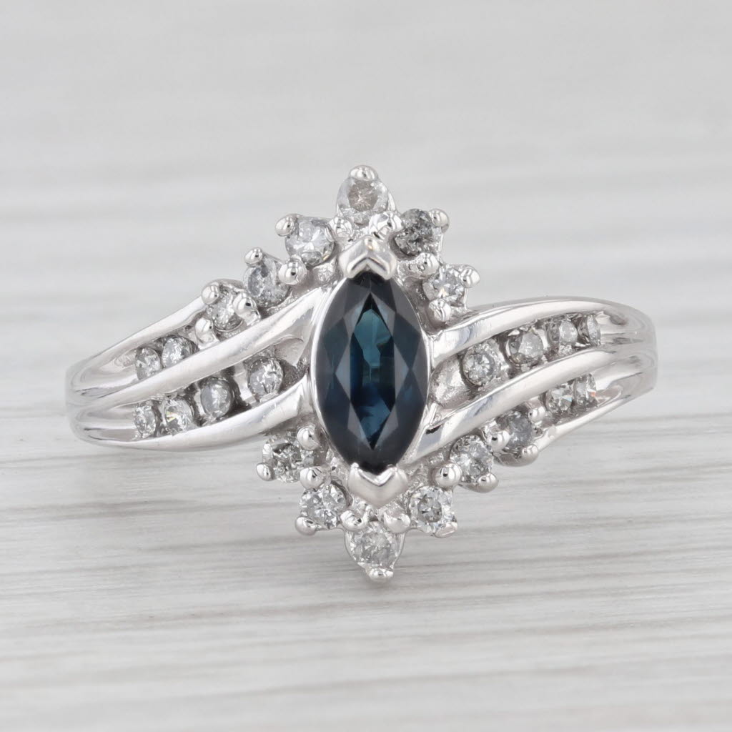 Light Gray 0.81ctw Marquise Blue Sapphire Diamond Bypass Ring 10k White Gold Size 5.25