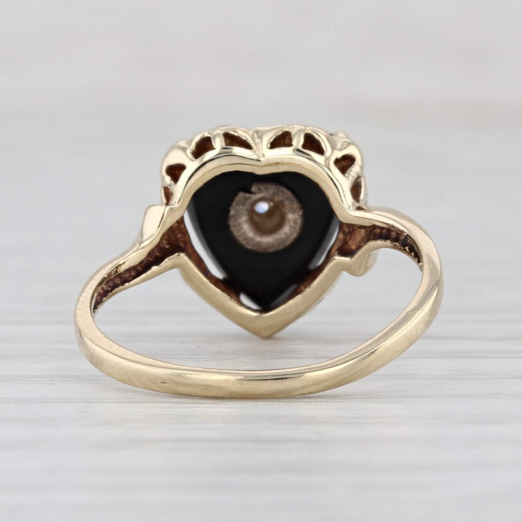 Vintage Onyx Heart Diamond Signet Ring 10k Yellow Gold Size 6