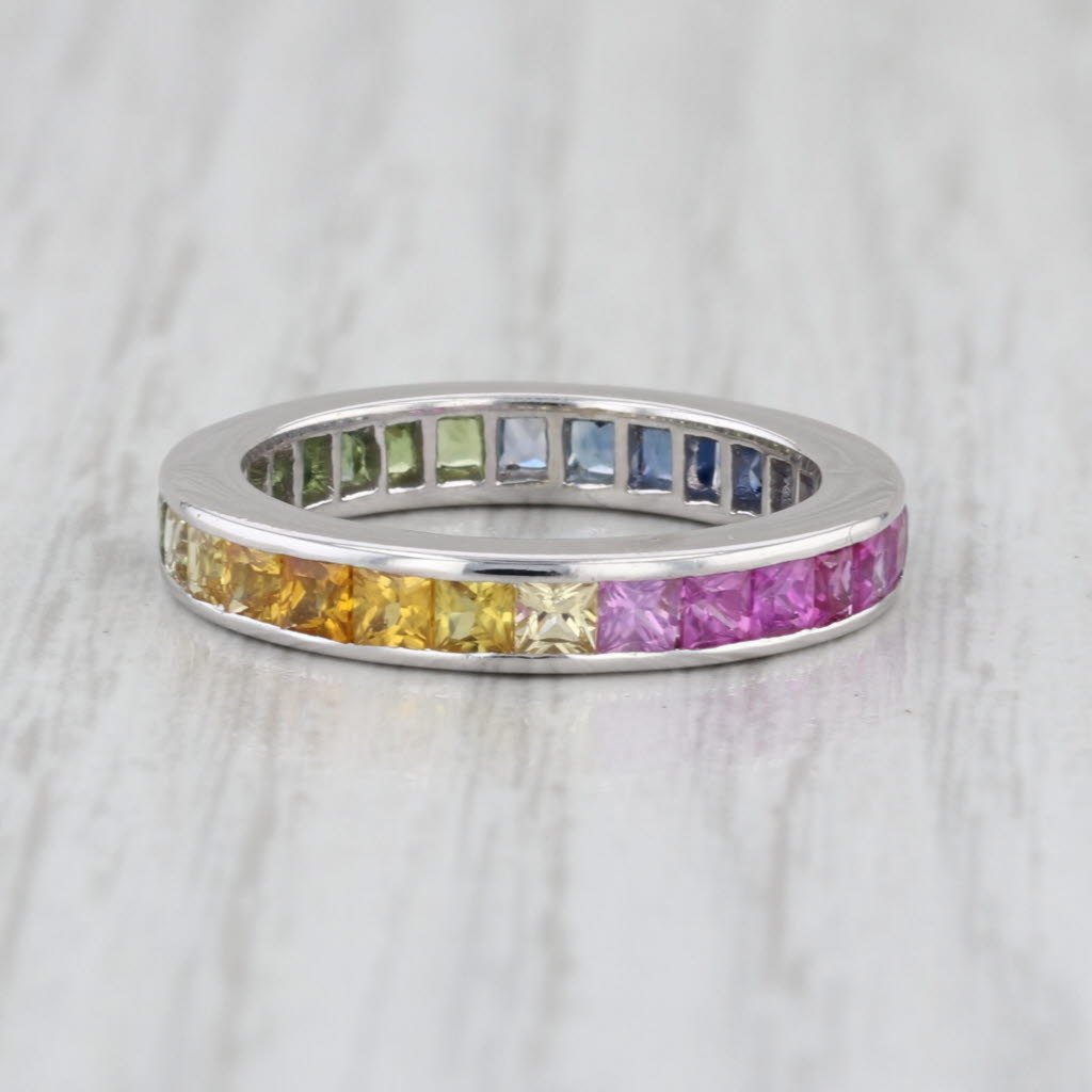 2.50ctw Rainbow Sapphire Eternity Ring 18k White Gold Size 5.5 Wedding Stackable