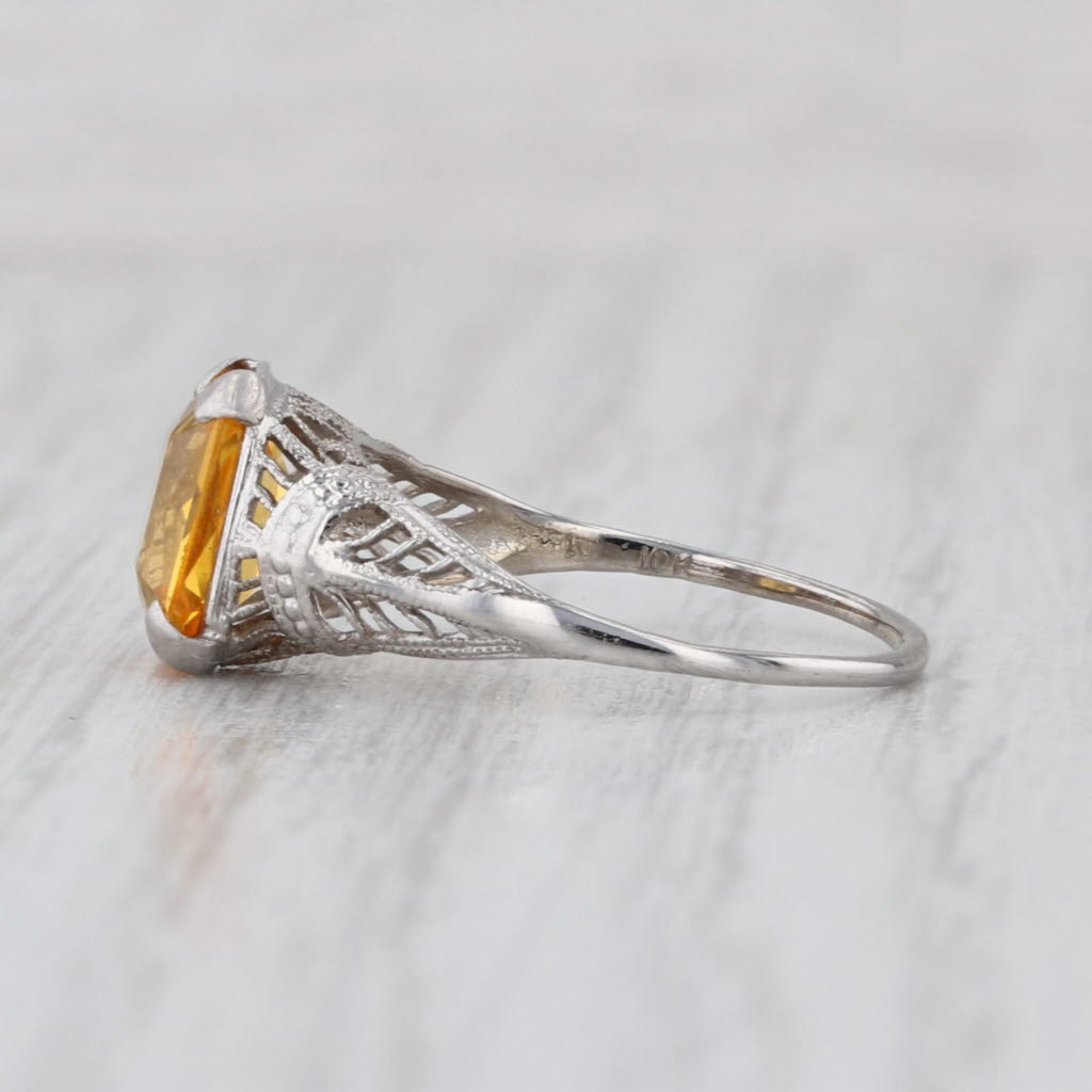 Vintage Lab Created Yellow Sapphire Ring Art Deco Filigree 10k White Gold Sz 6