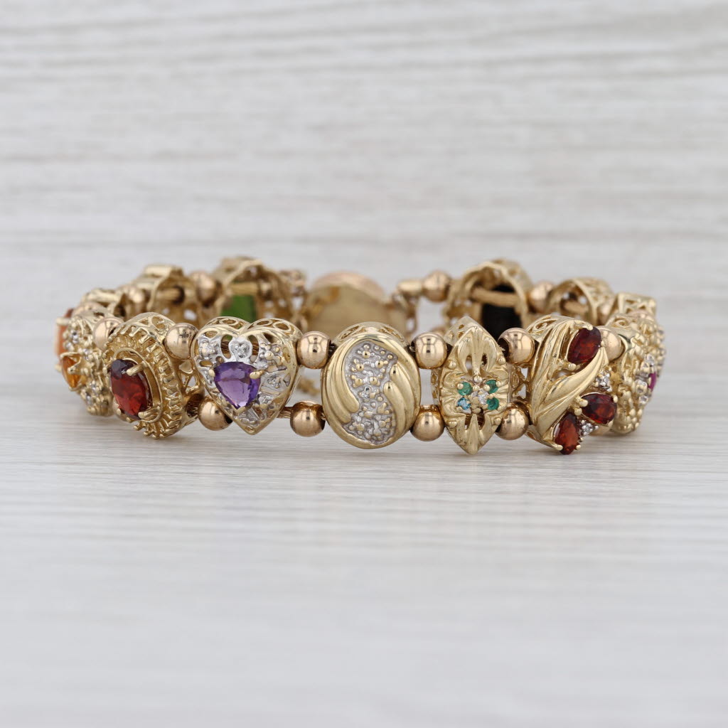 OMG Richard Klein Vintage Slide Charm Bracelet Gemstone Cameo 6.75" 14k 10k Gold