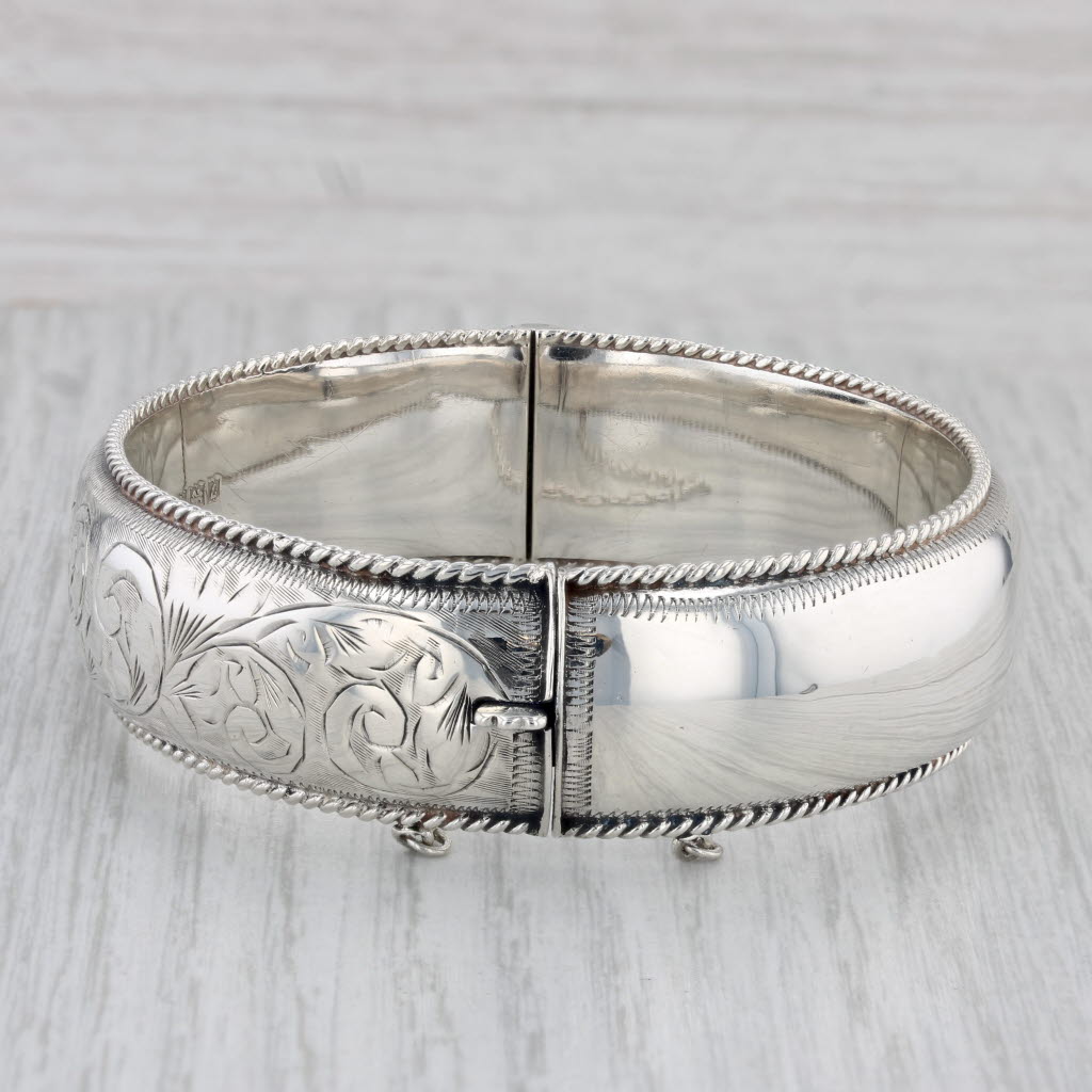 Gray Floral Engraved Hinged Bangle Bracelet Sterling Silver Vintage Birmingham 7.25"