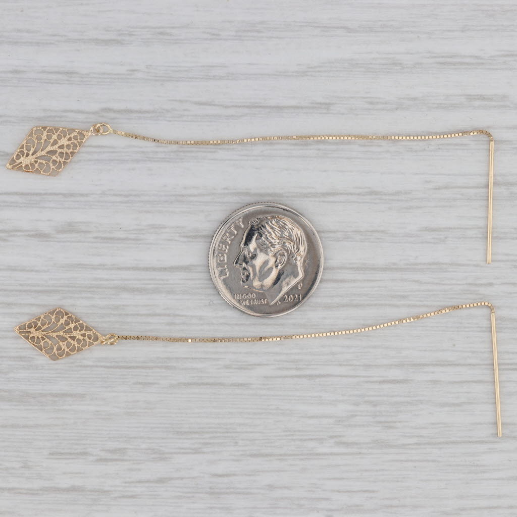 Gray Filigree Dangle Threader Earrings 14k Yellow Gold
