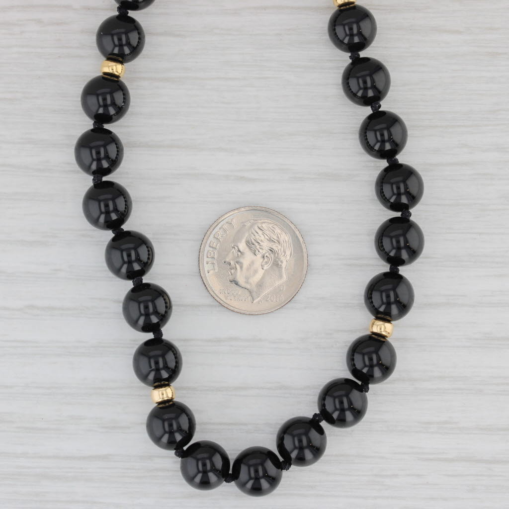 Light Gray Black Onyx Bead Single Strand Necklace 27" 14k Yellow Gold 8 mm