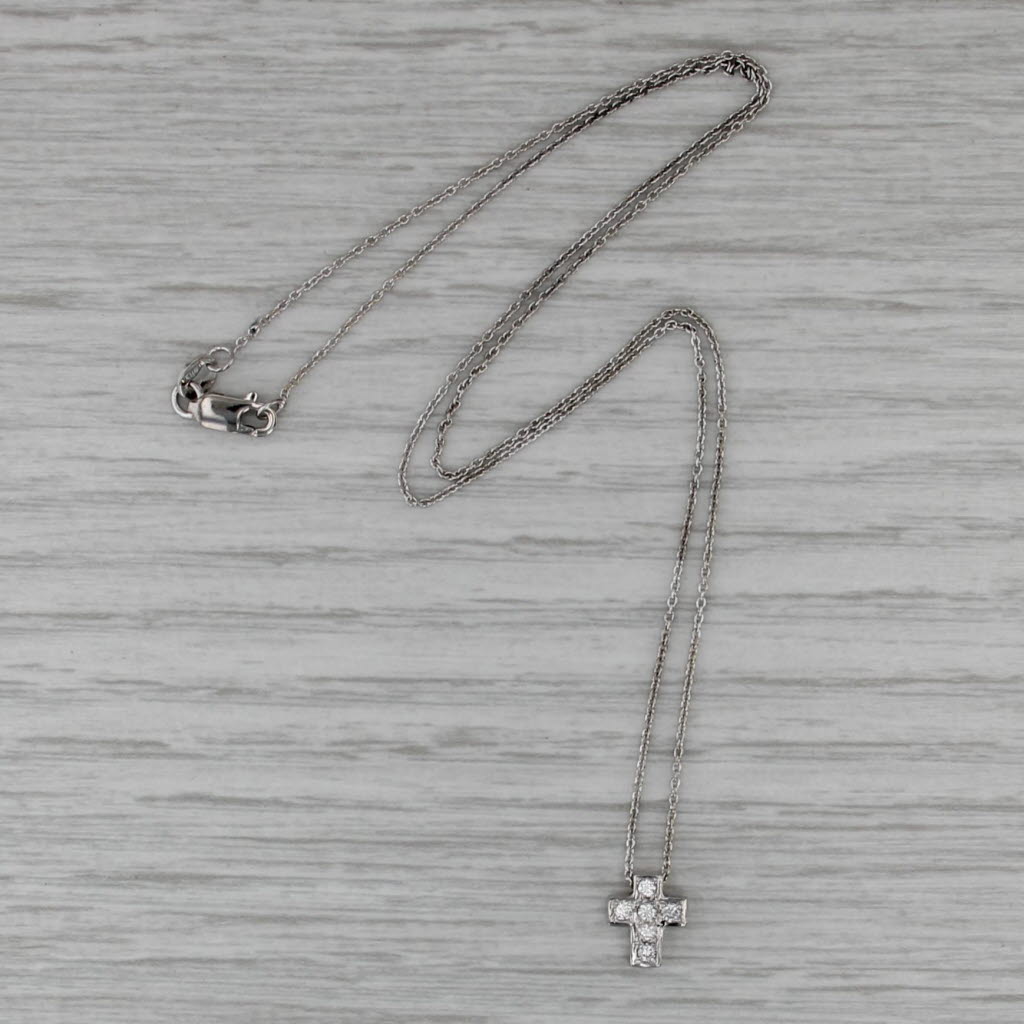 0.12ctw Diamond Small Cross Pendant Necklace 18k White Gold 16.25" Rope Chain