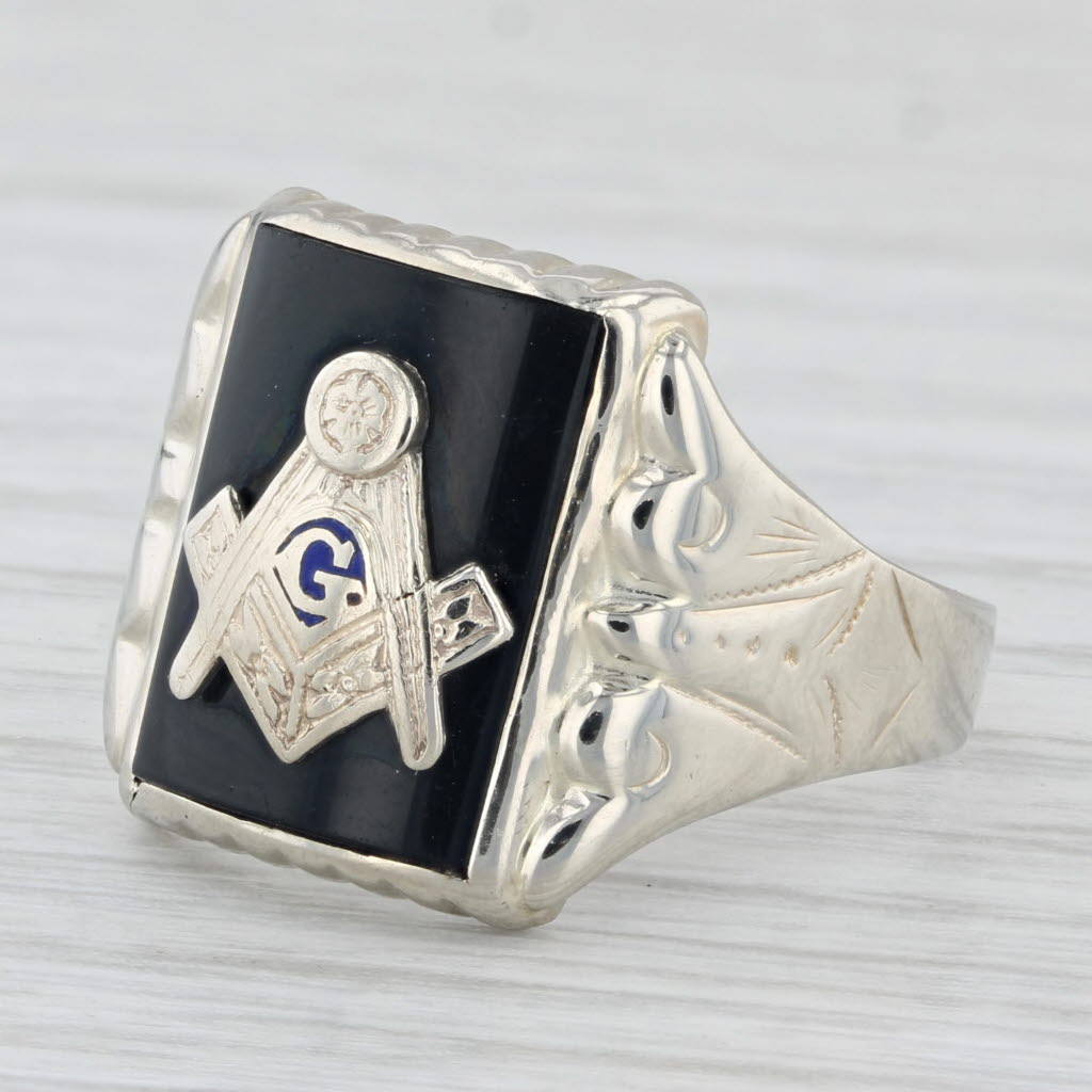Light Gray Onyx Masonic Signet Ring 14k White Gold Square Compass Blue Lodge Size 9.5