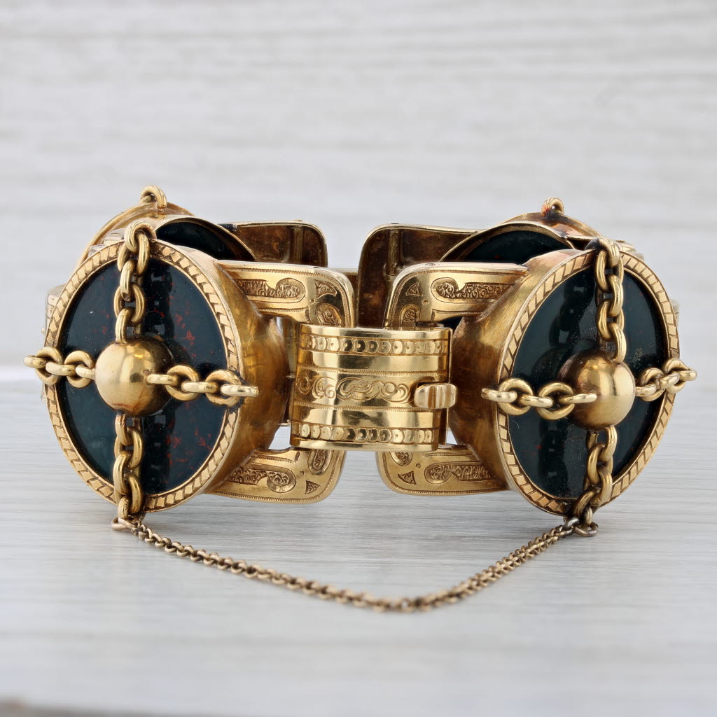 Light Gray Antique French Bloodstone Bracelet 18k Yellow Gold 6.75" 31.4mm Statement