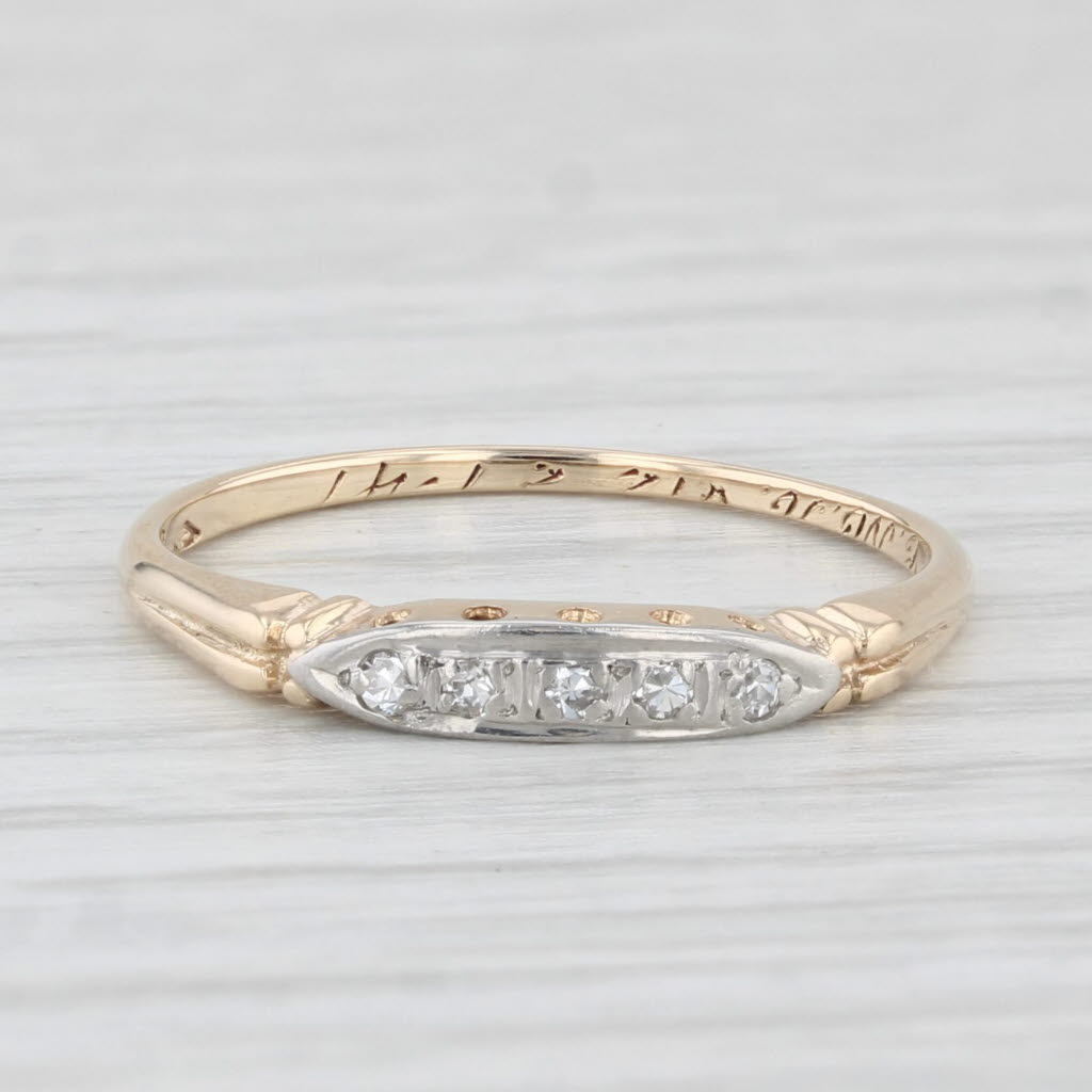 Light Gray Vintage Diamond Wedding Band 14k Yellow Gold Palladium Size 6.25 Stackable Ring