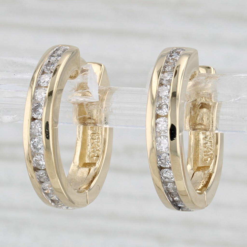 Light Gray 0.40ctw Diamond Hoop Huggie Earrings 14k Yellow Gold Snap Top Round Hoops