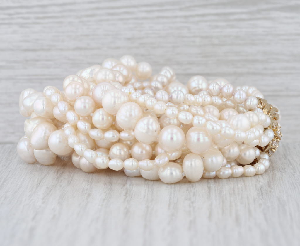 Vintage Multistrand Cultured Pearl Diamond Bracelet 14k Yellow Gold 9"