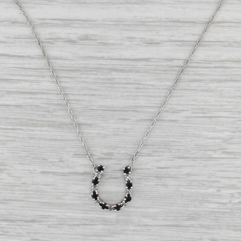 0.34ctw Blue Sapphire Diamond Horseshoe Pendant Necklace 10k White Gold 17.5"