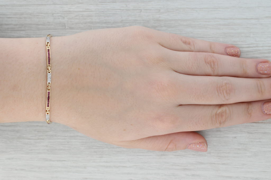 Gray 1.66 Ruby Diamond Bar Link Bracelet 14k Yellow Gold 7.25" 2.7mm