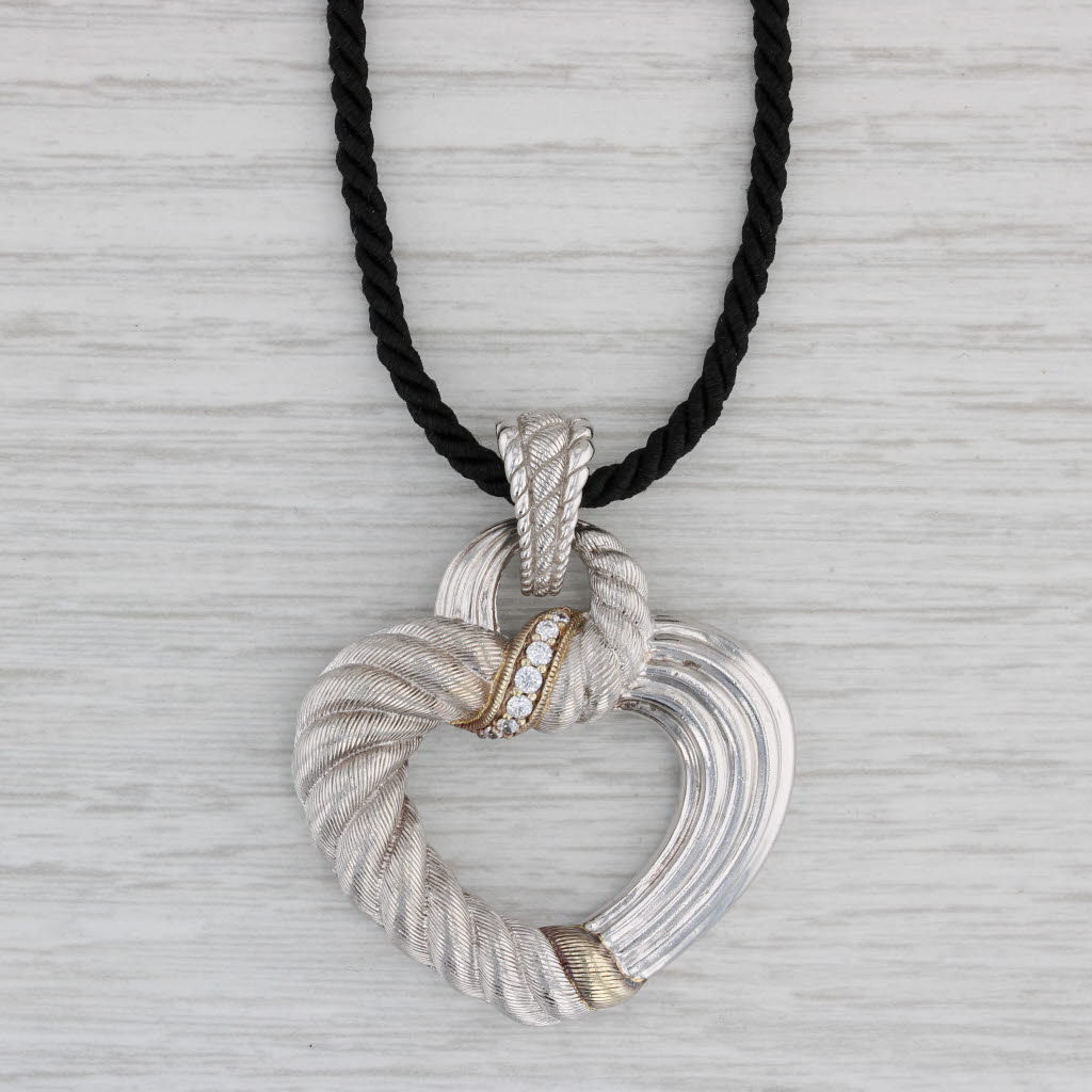 Gray Cubic Zirconia Heart Black Cord Necklace Sterling Silver Adjustable Length