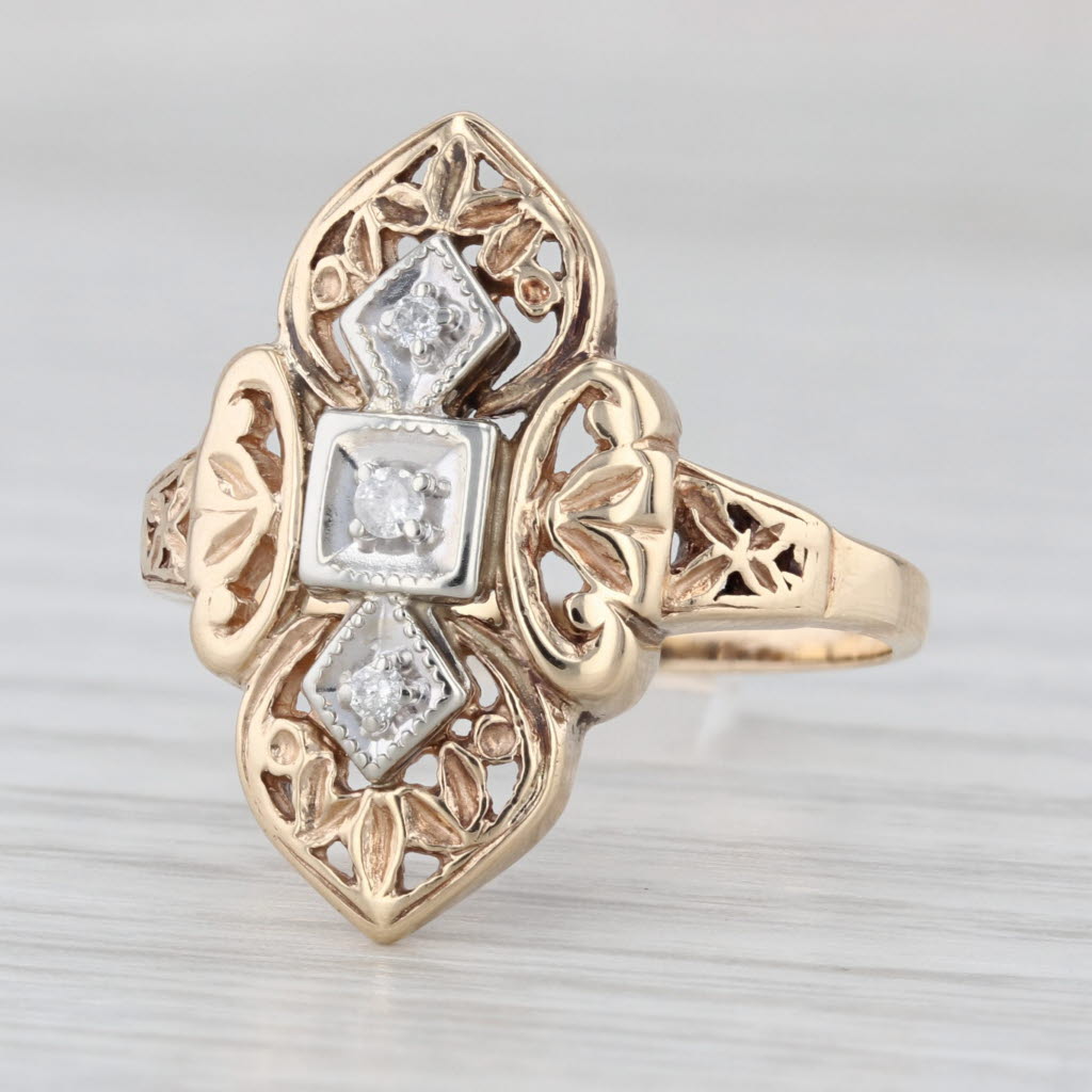 Vintage Floral Diamond Ring 14k Yellow Gold Size 9