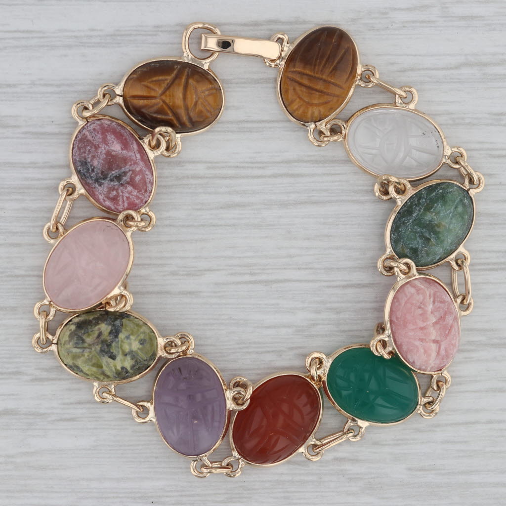 Gray Church & Co Carved Stone Scarab Bracelet 14k Yellow Gold Vintage Multicolor