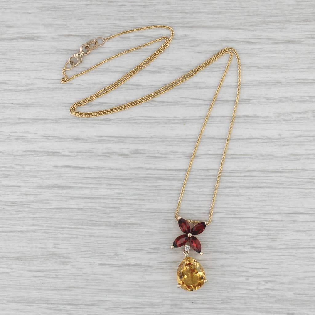 6.04ctw Garnet Flower Citrine Teardrop Pendant Necklace 14k Yellow Gold 18"