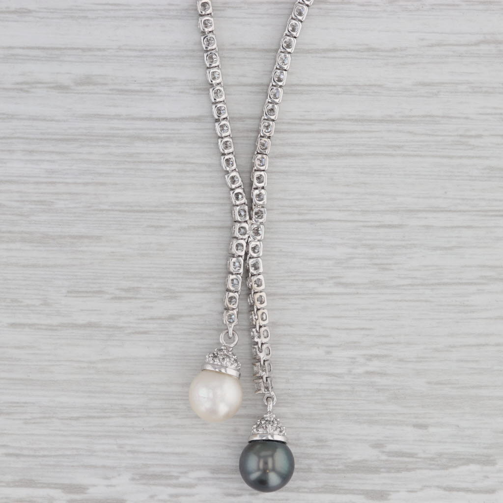 Gray 3.90ctw Diamond Tennis Black White Cultured Pearl Lariat Necklace 14k White Gold
