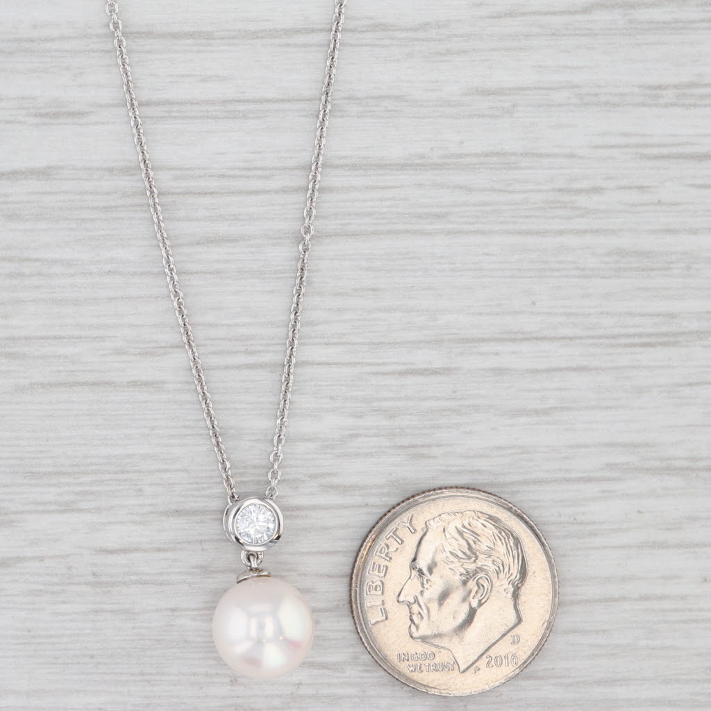 Light Gray Cultured Pearl 0.17ct Diamond Pendant Necklace 14k White Gold Adjustable Chain