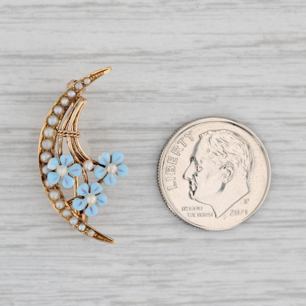 Gray Vintage Floral Crescent Brooch 14k Yellow Gold Enamel Pin