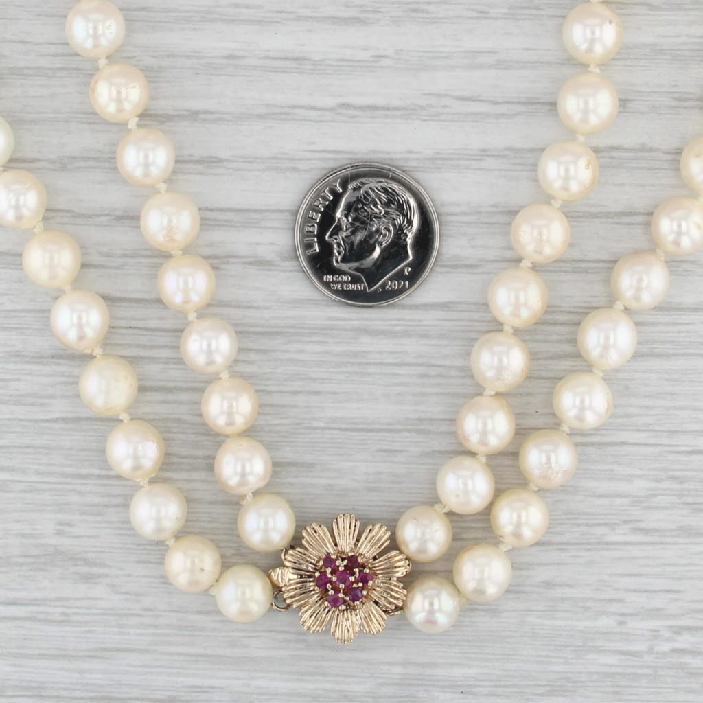 Vintage Cultured Pearl Double Strand Necklace 15" 14k Yellow Gold Ruby Clasp