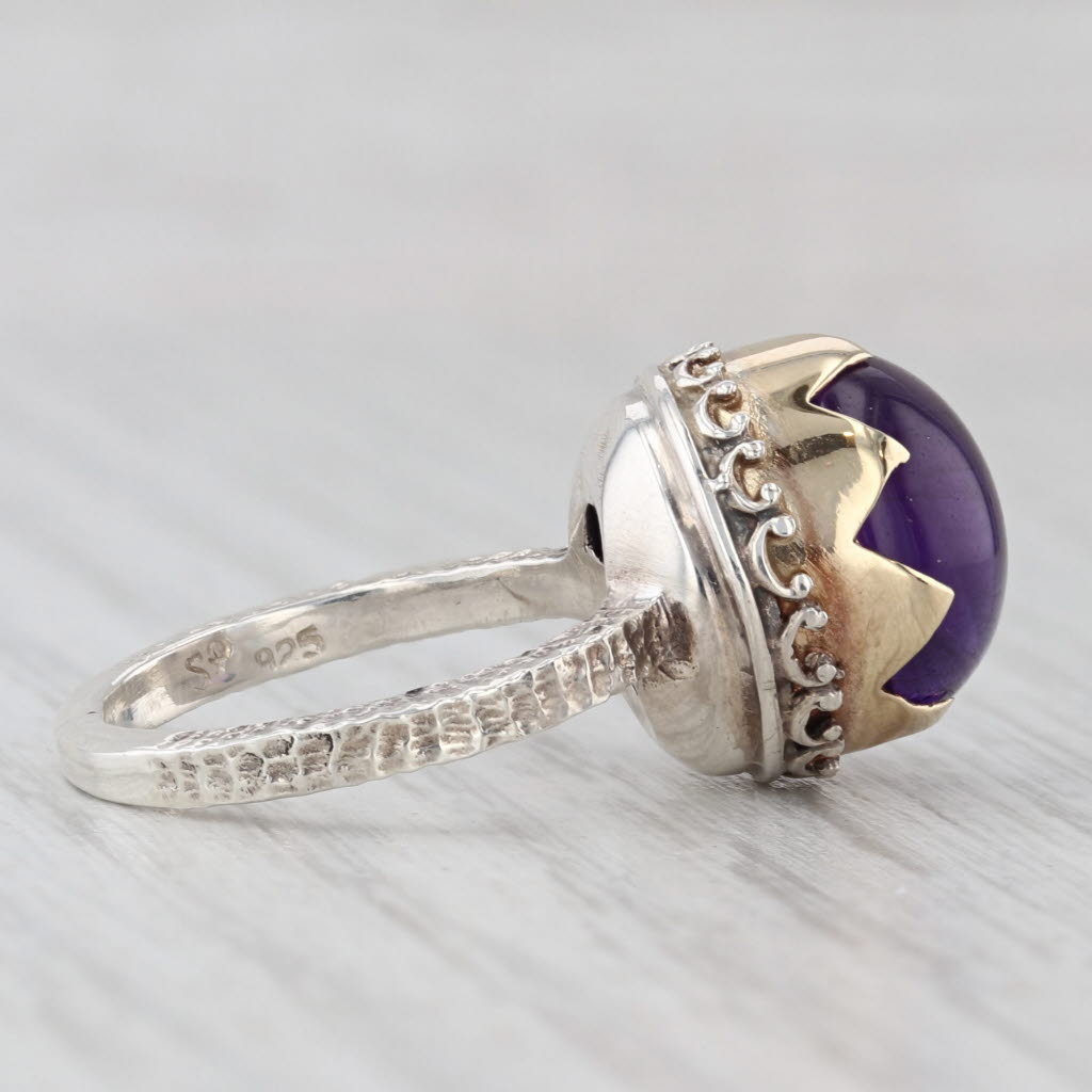 Light Gray Ornate Amethyst Cabochon Solitaire Ring Sterling Silver Gold Plating Size 5