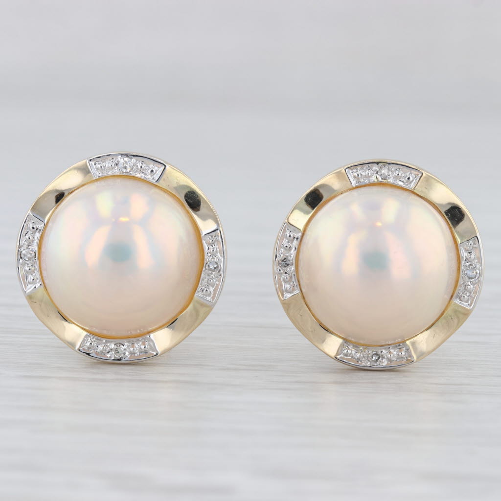 Light Gray Mabe Pearl Diamond Button Stud Earrings 14k Yellow Gold Omega Backs