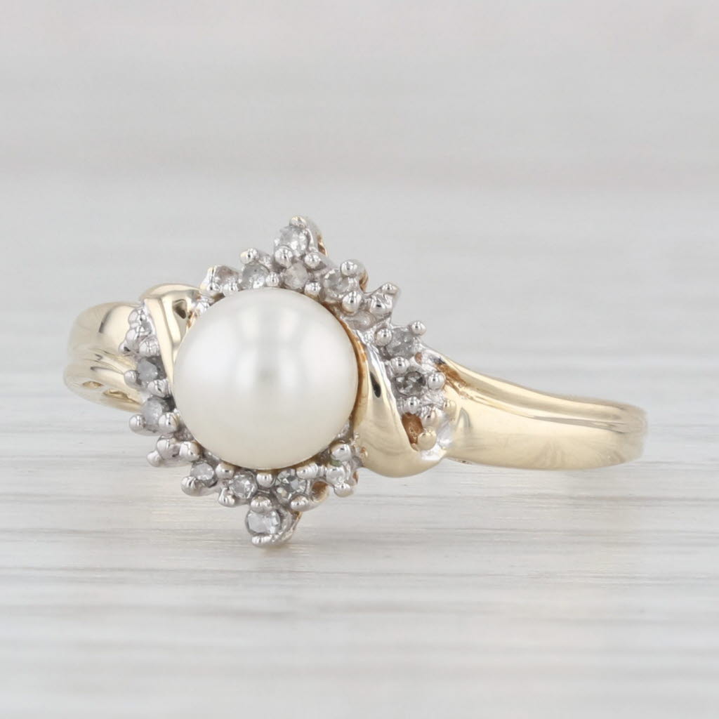Light Gray Cultured Pearl Diamond Halo Ring 10k Yellow Gold Size 6