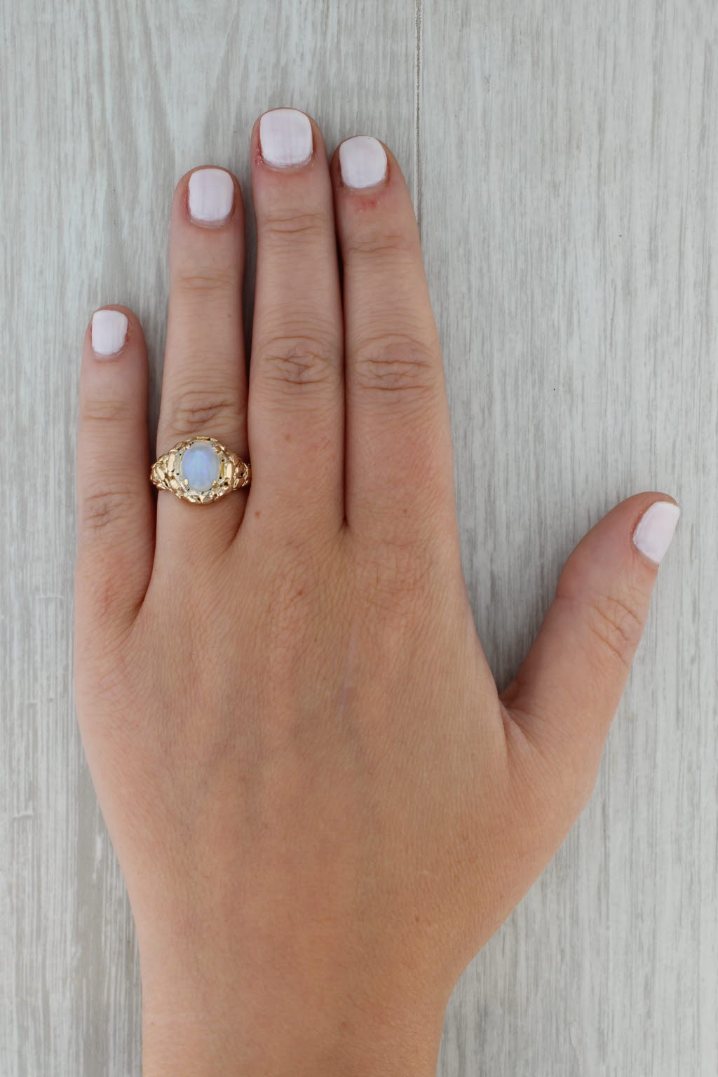 Rosy Brown Vintage Opal Gold Nugget Ring 14k Yellow Gold Size 4.75 Oval Cabochon Solitaire