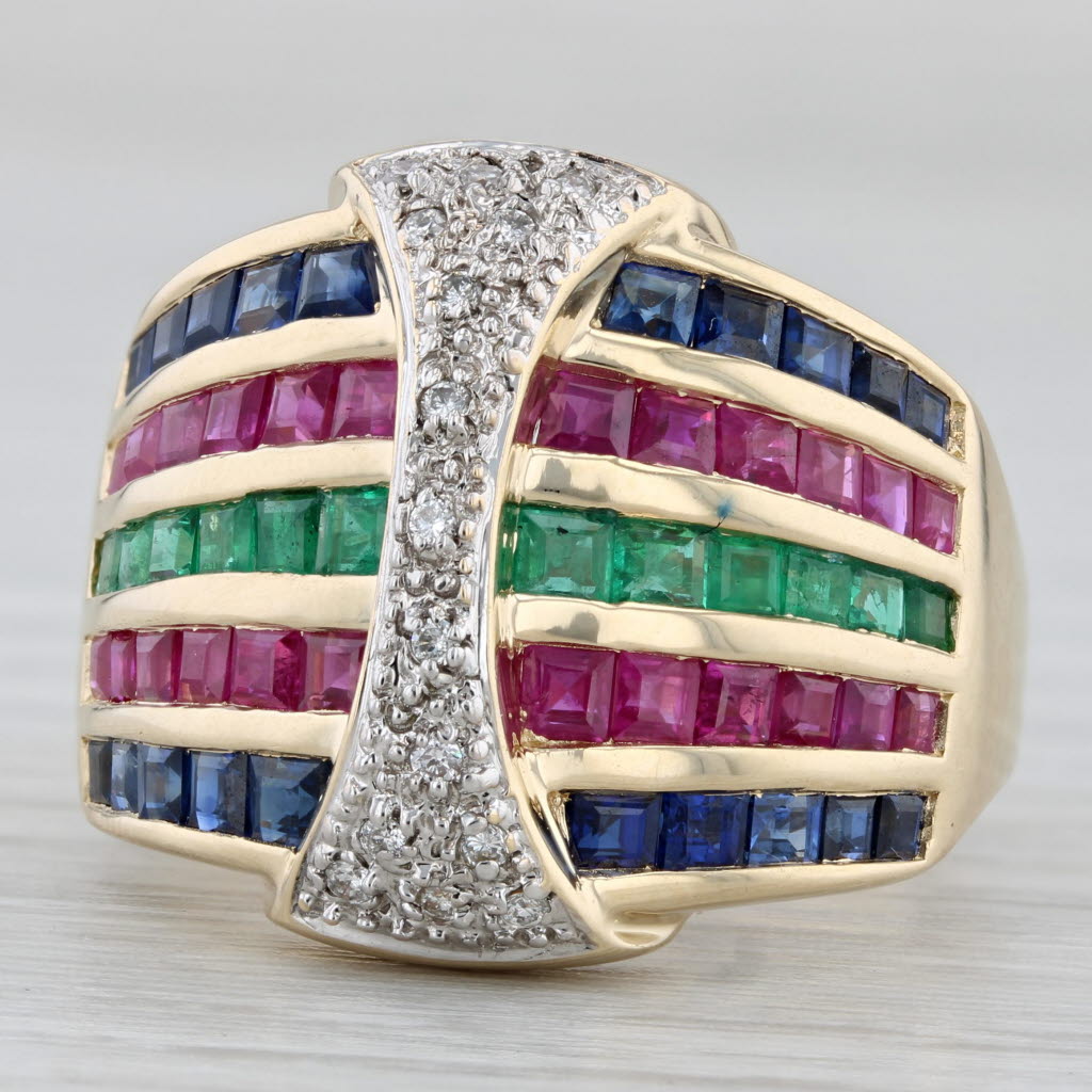 Gray Ruby Emerald Sapphire Diamond Ring 14k Yellow Gold Size 9.25 Cocktail