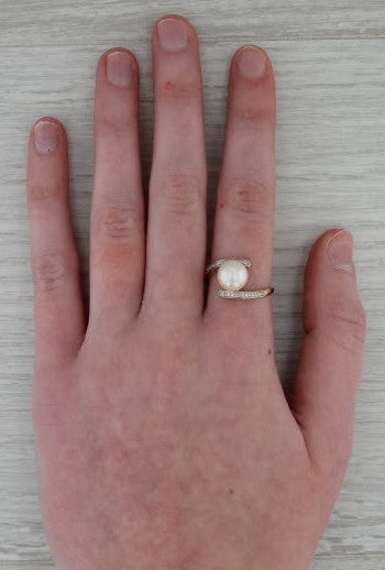 Cultured Pearl Diamond Bypass Ring 14k Yellow Gold Size 7