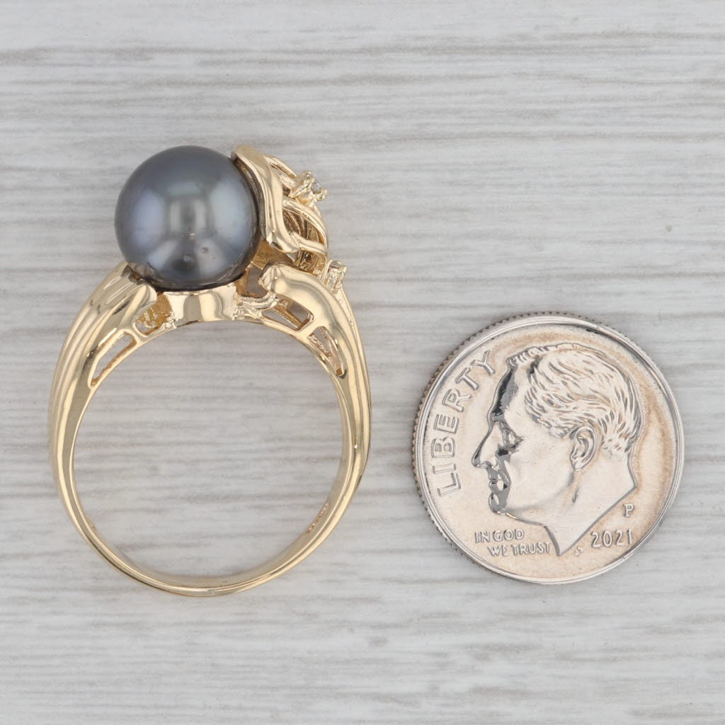 Gray Black Cultured Pearl Diamond Ring 18k Yellow Gold Size 7.5
