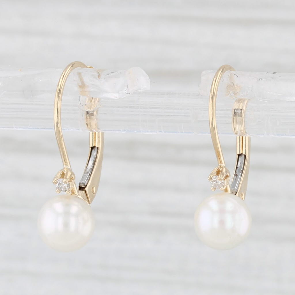 Light Gray Cultured Pearl Drop Earrings 14k Yellow Gold Diamond Accents