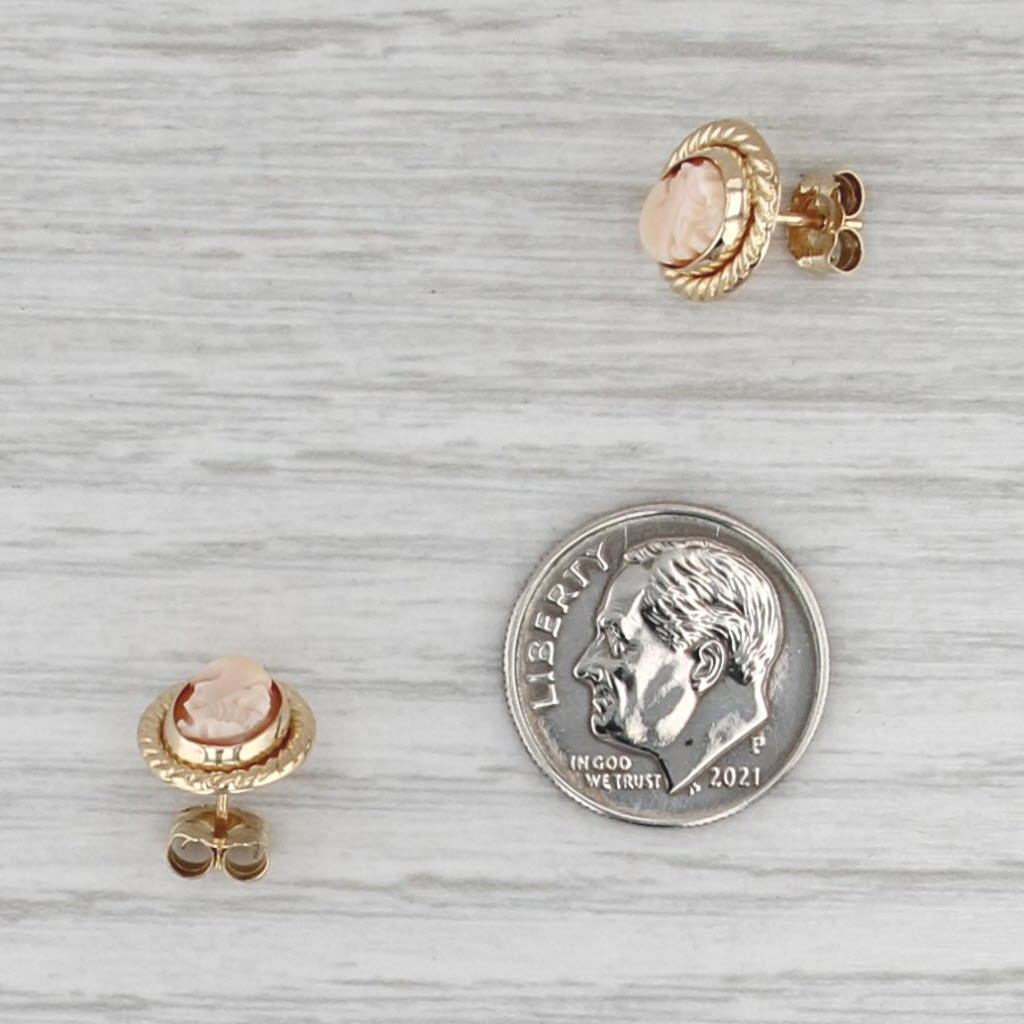 Vintage Carved Shell Cameo Stud Earrings 14k Yellow old Ornate Figural Studs