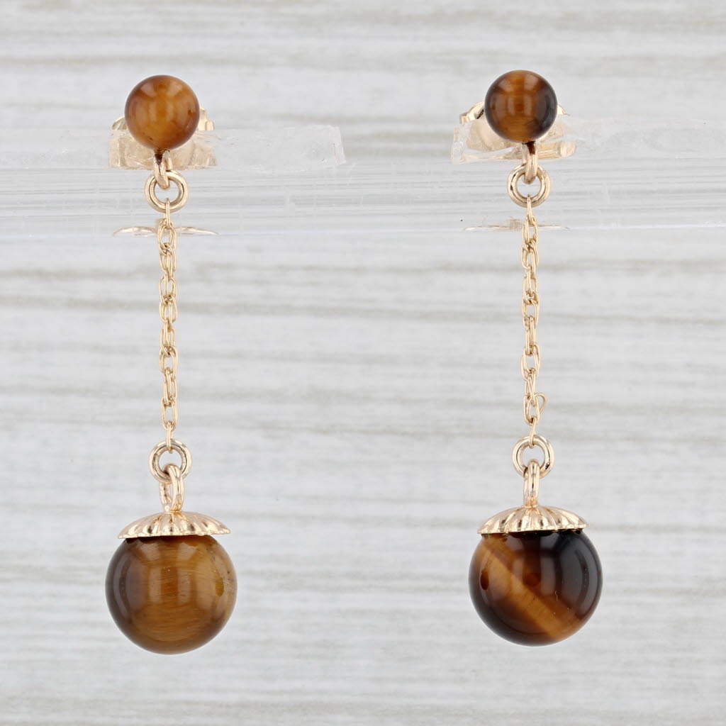 Light Gray Tiger's Eye Dangle Earrings 14k Yellow Gold Brown Bead Drops