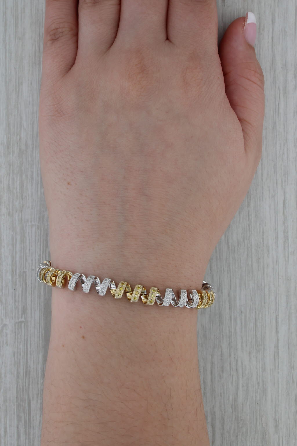 1.10ctw Yellow White Gold Coiled Chain Bracelet 2-Stoned 18k Gold 6.75" 7.4mm