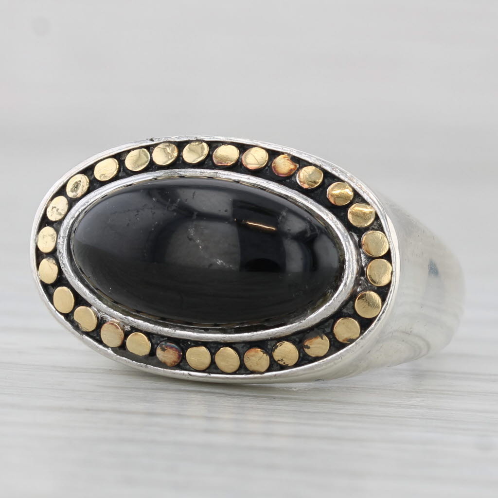 Light Gray Effy Black Glass Cabochon Ring Sterling Silver 10k Gold Size 7