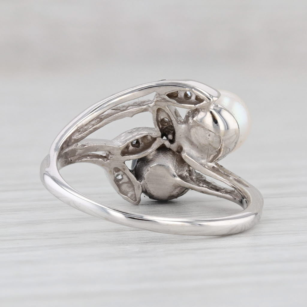 Light Gray Cultured Black White Pearl Bypass Ring 14k White Gold Size 7.5