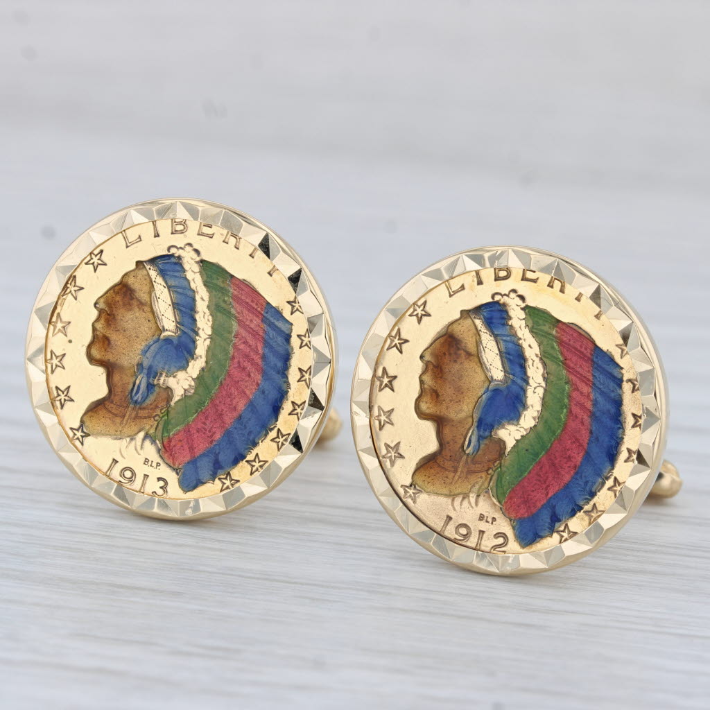 Light Gray Authentic Colorlized Indian Head Coin Cufflinks 18k 22k Gold 1912 1913 5 Dollars