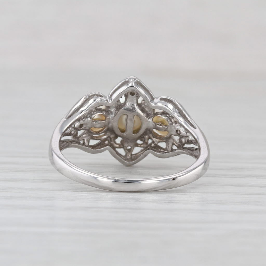 Cultured Pearl 3-Stone Diamond Ring 10k White Gold Size 6.75
