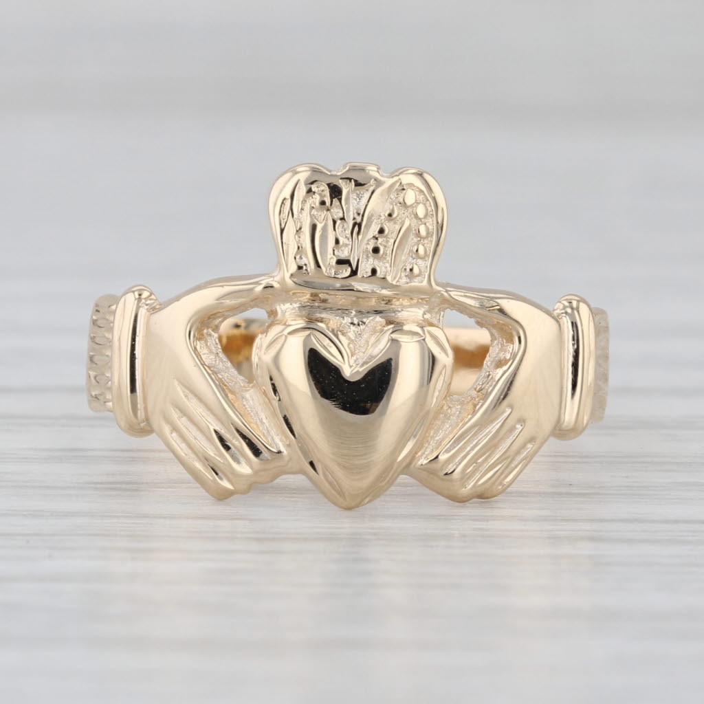 Irish Claddagh Ring 14k Yellow Gold Size 10 Crowned Heart in Hands
