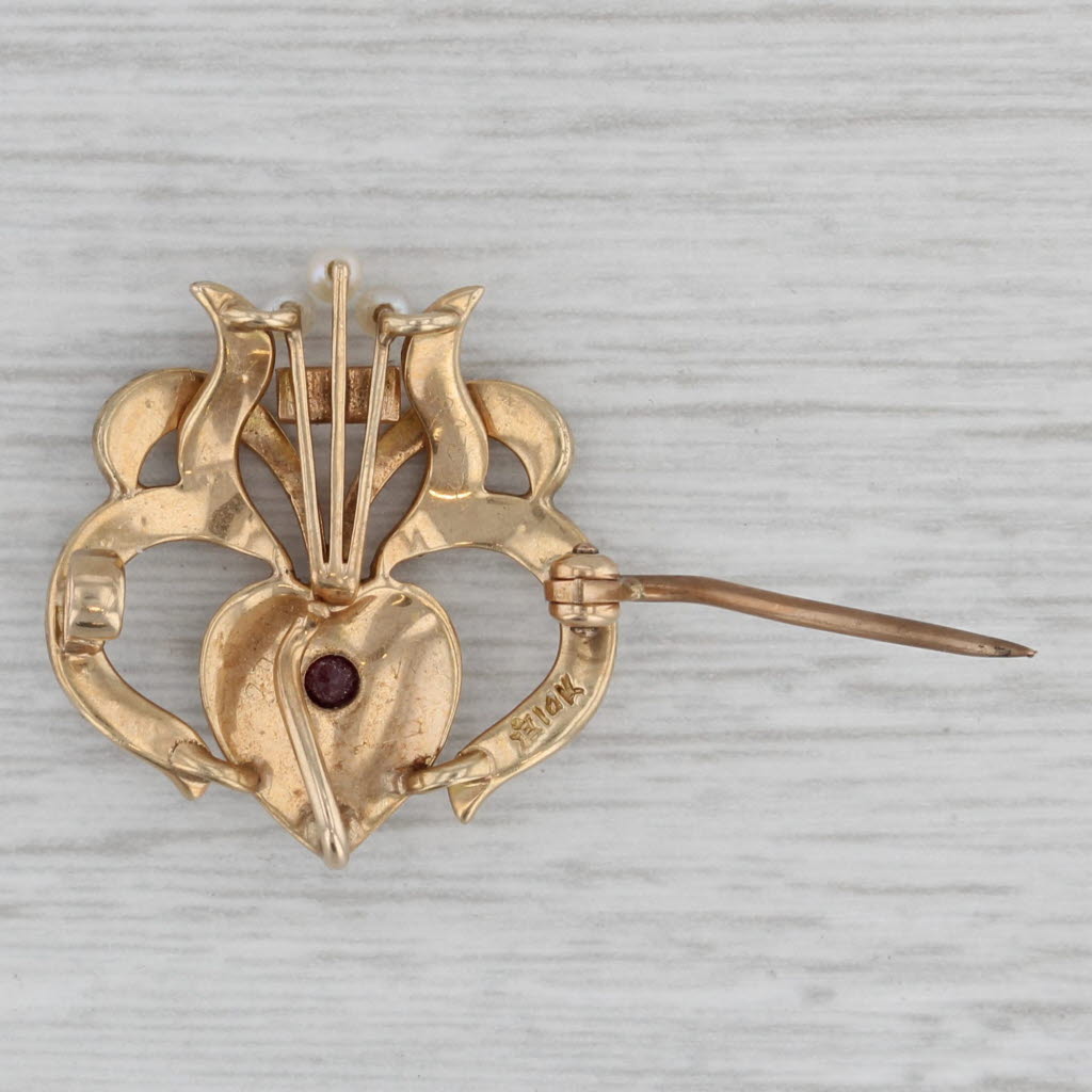 Gray Antique Edwardian Ornate Heart Brooch 14k Yellow Gold Pearl Ruby Pin