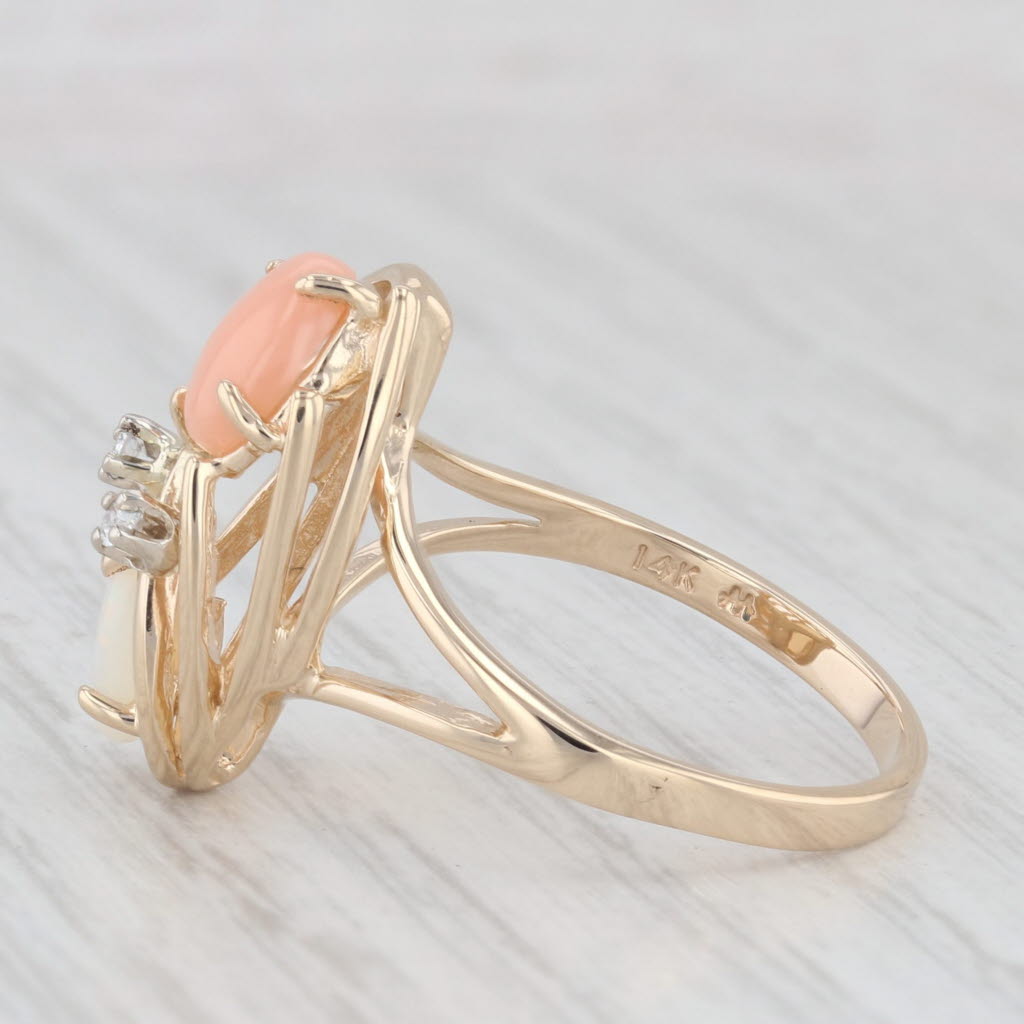 Light Gray Opal Coral Diamond Ring 14k Yellow Gold Size 6.5