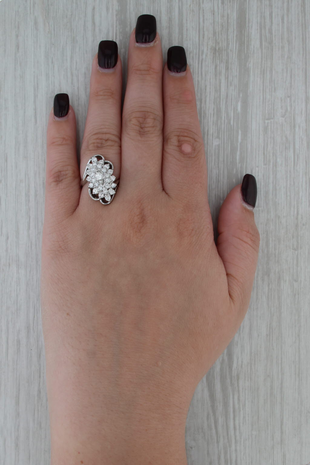 1ctw Diamond Cluster Ring 14k White Gold Size 6.5 Bypass Cocktail