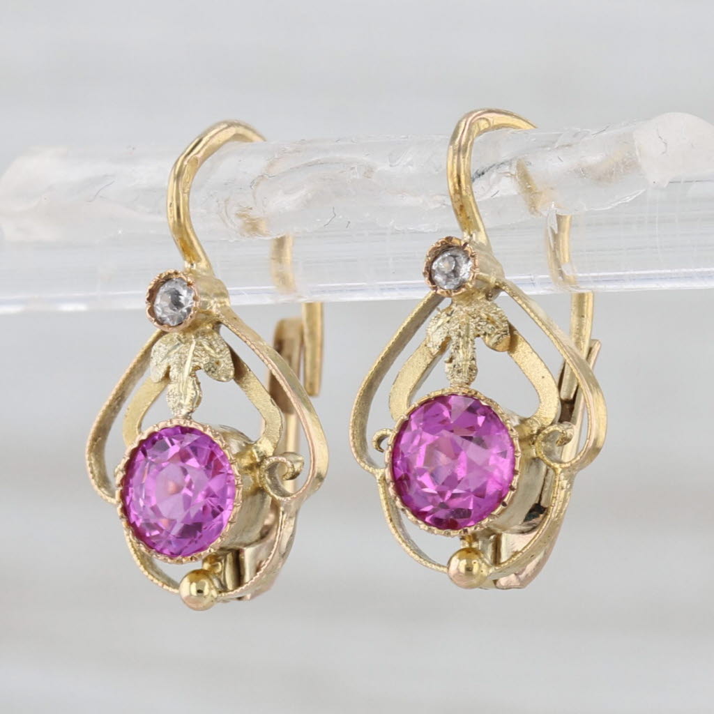 0.89ctw Lab Created Pink White Sapphire Dangle Earrings 18k Yellow Gold Drops