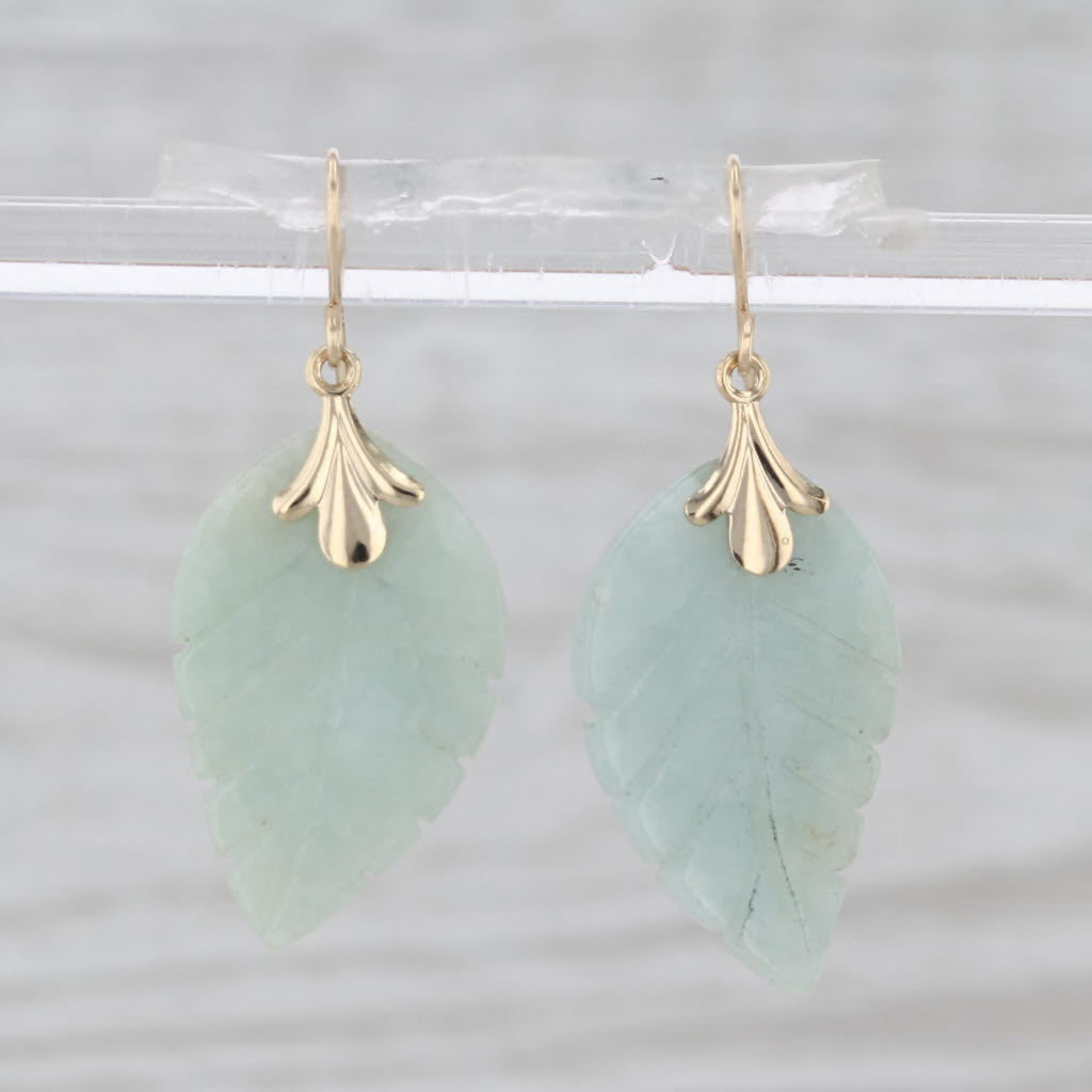 Green Carved Jade Leaf Earrings 14k Yellow Gold Hook Posts